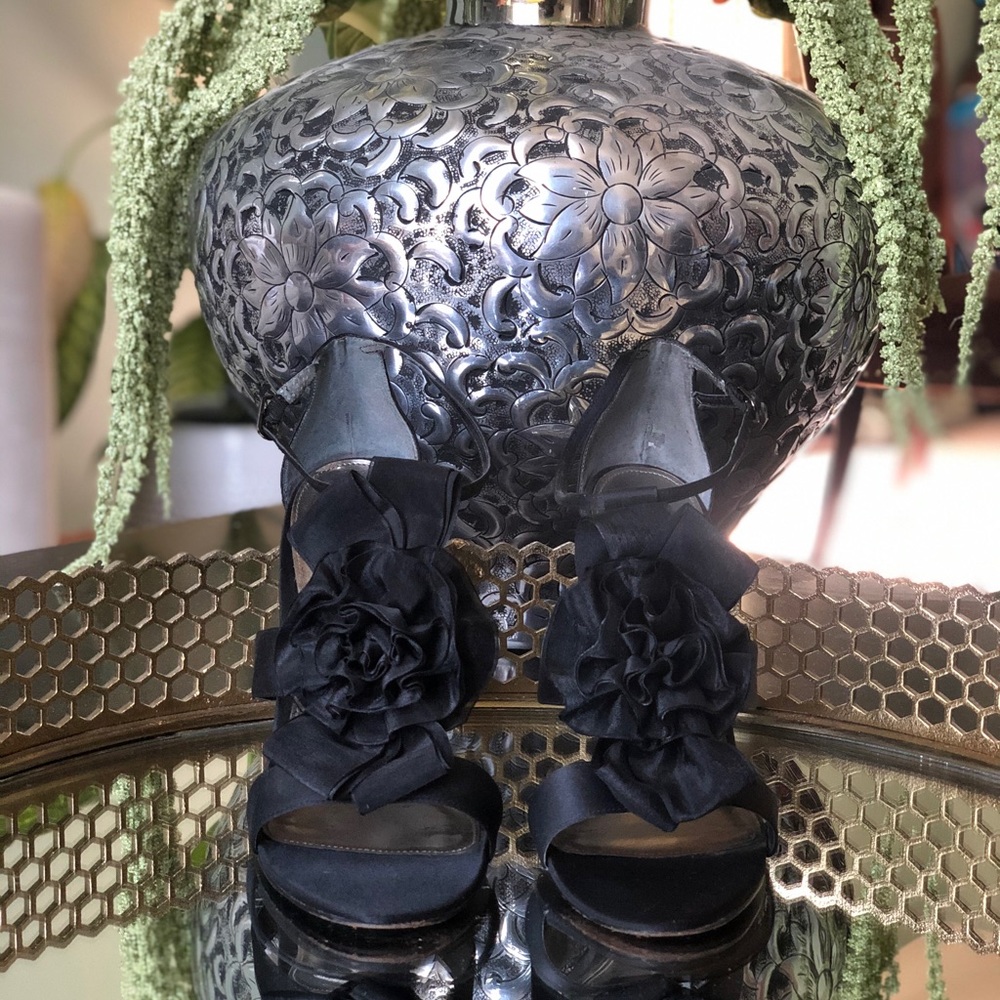 Nina Black Satin Strap Stiletto Sandal Heels embellished with a flower(Size 10).